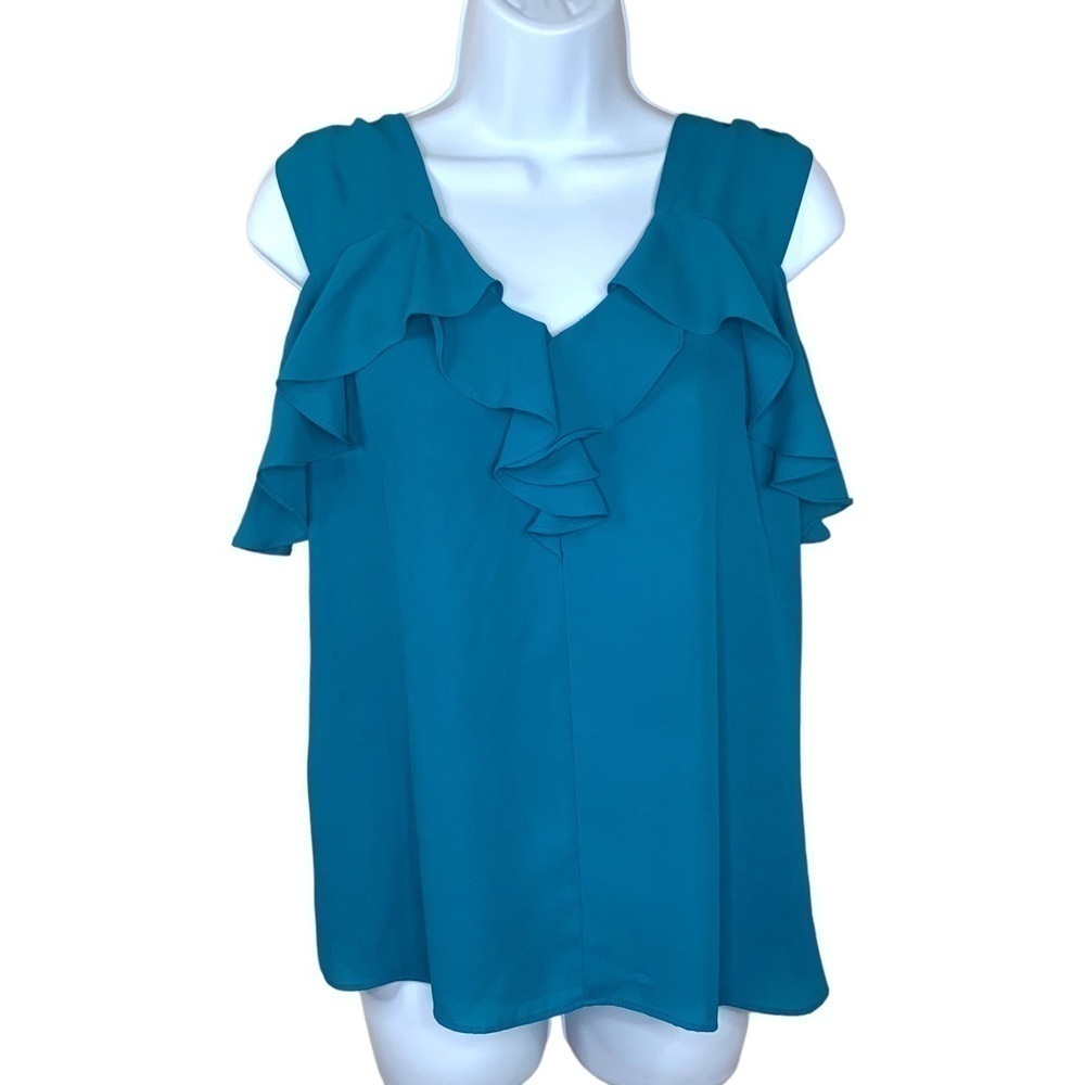Express Teal Blue Ruffle Blouse V Neck Flowy Sleeveless Small Womens Top